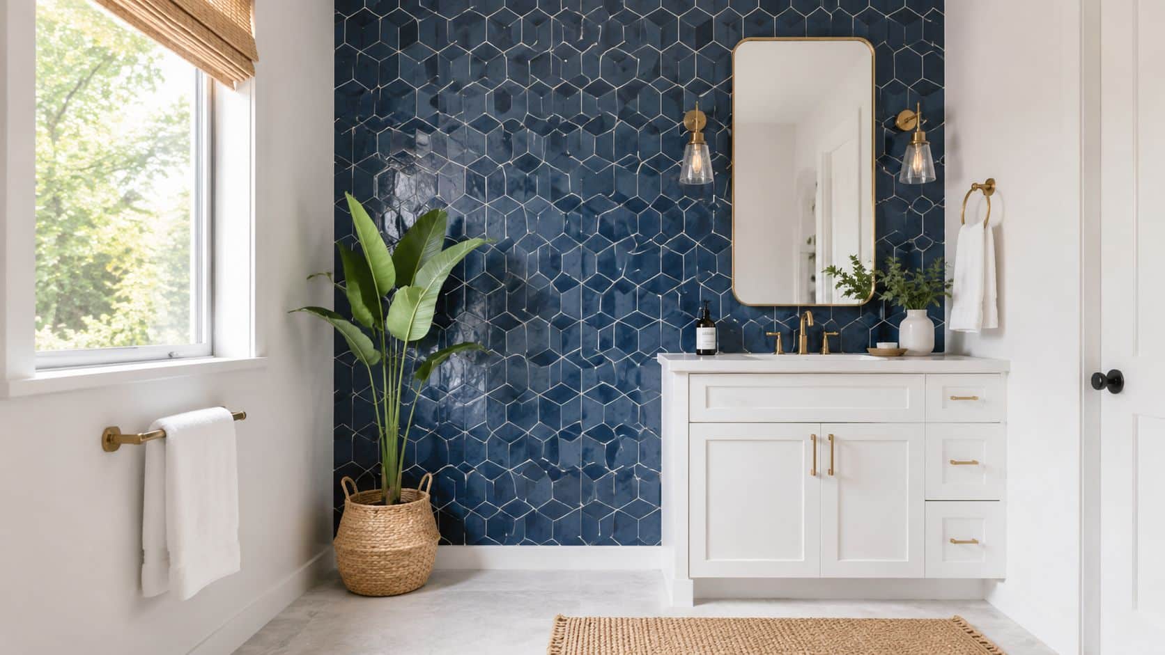 A modern bathroom vanity featuring a stunning navy blue hexagonal tile wall, gold fixtures, and a large mirror.