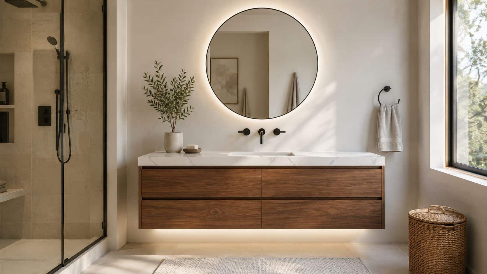 A modern minimalist bathroom featuring a wooden vanity, round backlit mirror, and a glass-enclosed shower area.