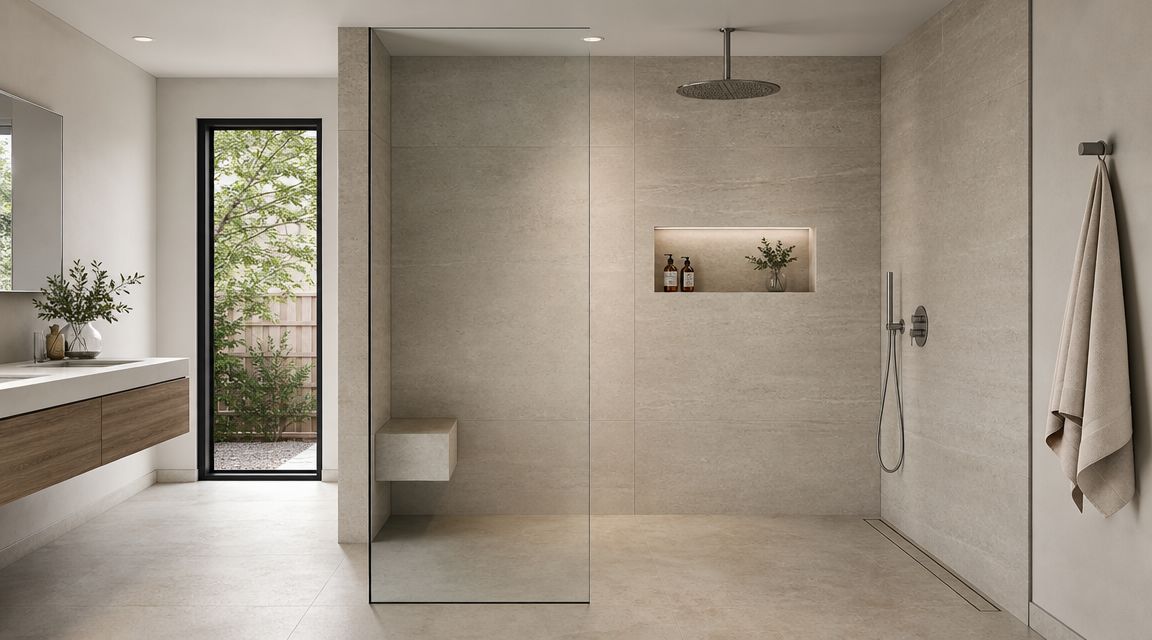 A modern minimalist bathroom featuring a glass walk-in shower with stone walls and wooden vanity.