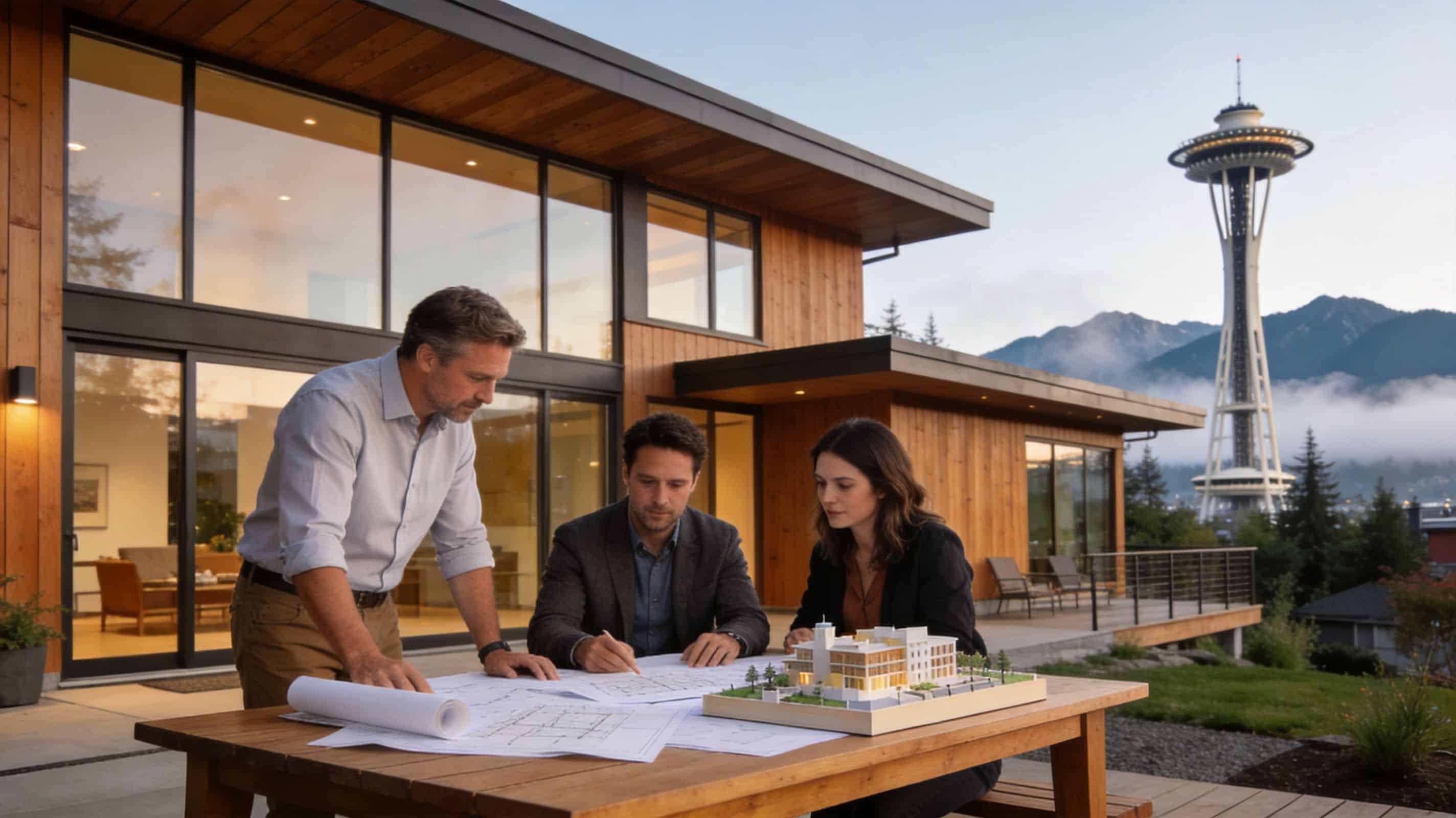 Three people review architectural plans outside a modern house with the Space Needle in the background.