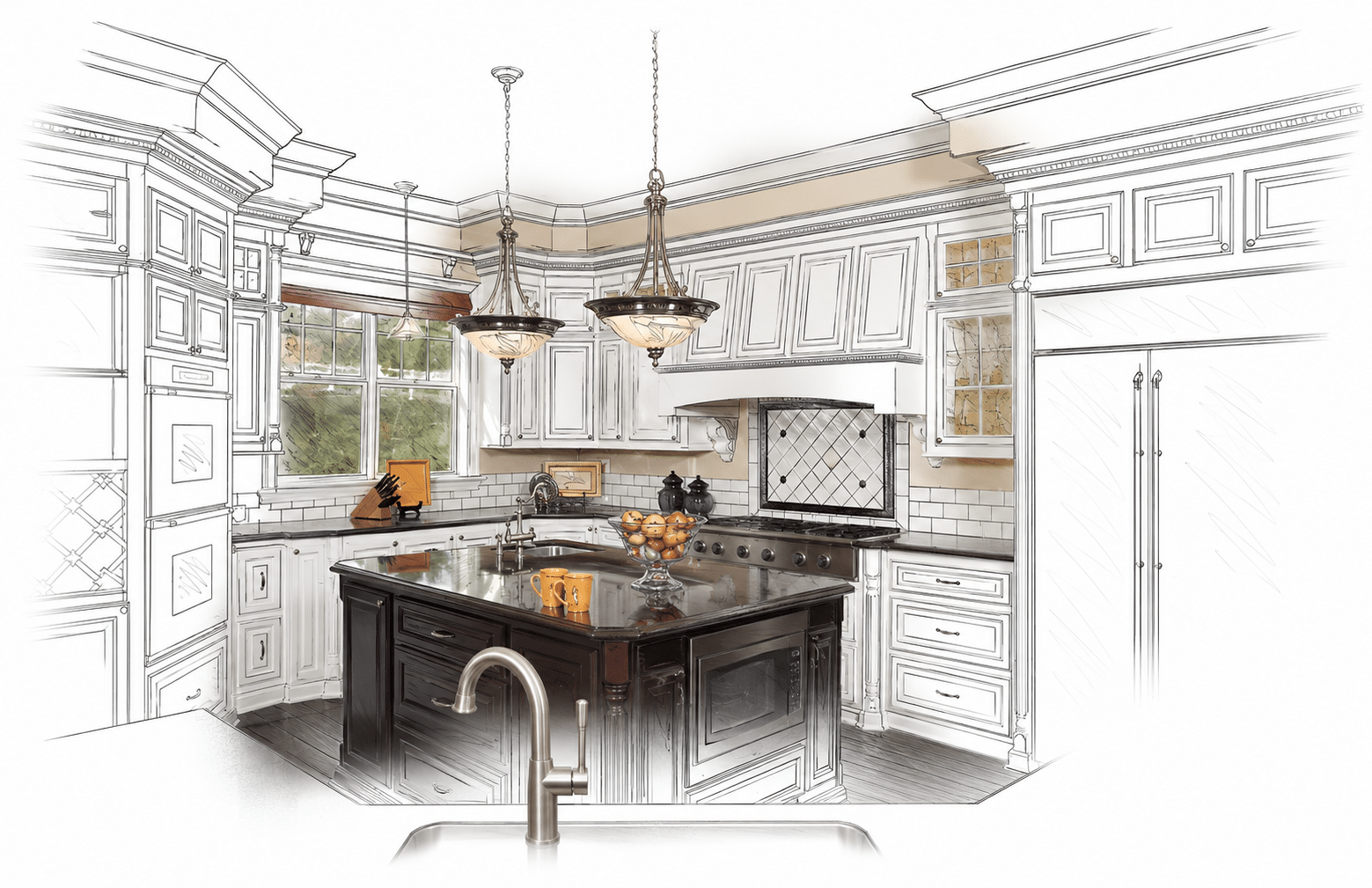 A partially sketched and partially finished modern kitchen with an island, cabinets, and hanging lights.
