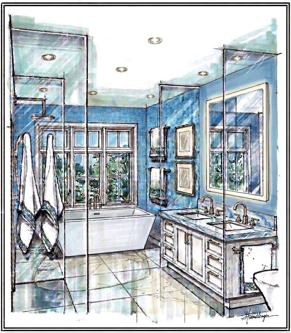 Sketch of a modern bathroom with a bathtub, double sink, towels, mirrors, and large windows.