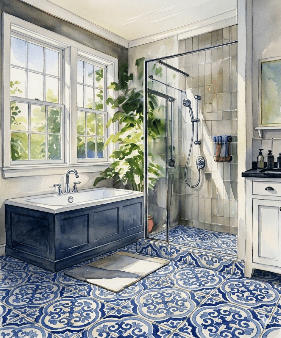 Sunlit bathroom with blue patterned tile floor, black tub, glass shower, and large green plant by the window.