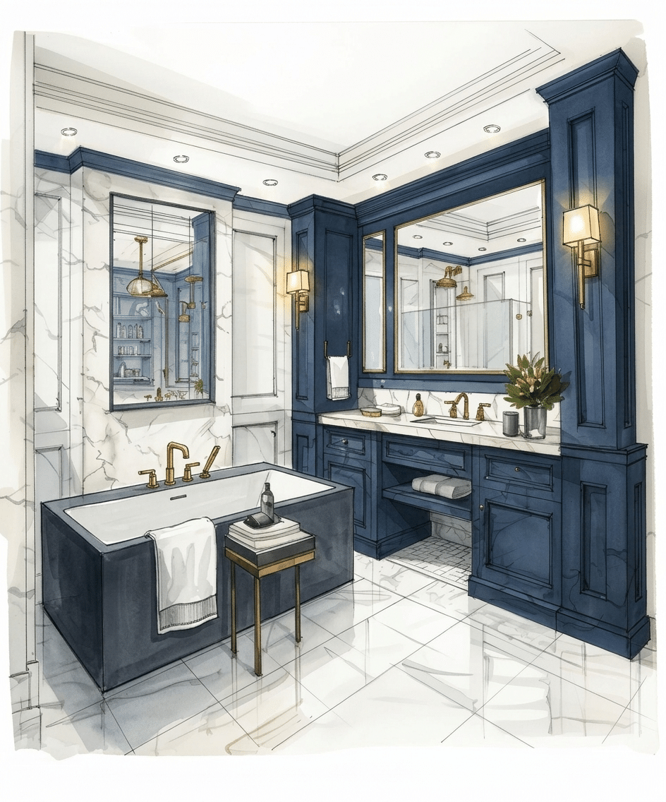 Elegant bathroom with navy blue cabinets, a large tub, marble floors, and gold fixtures.
