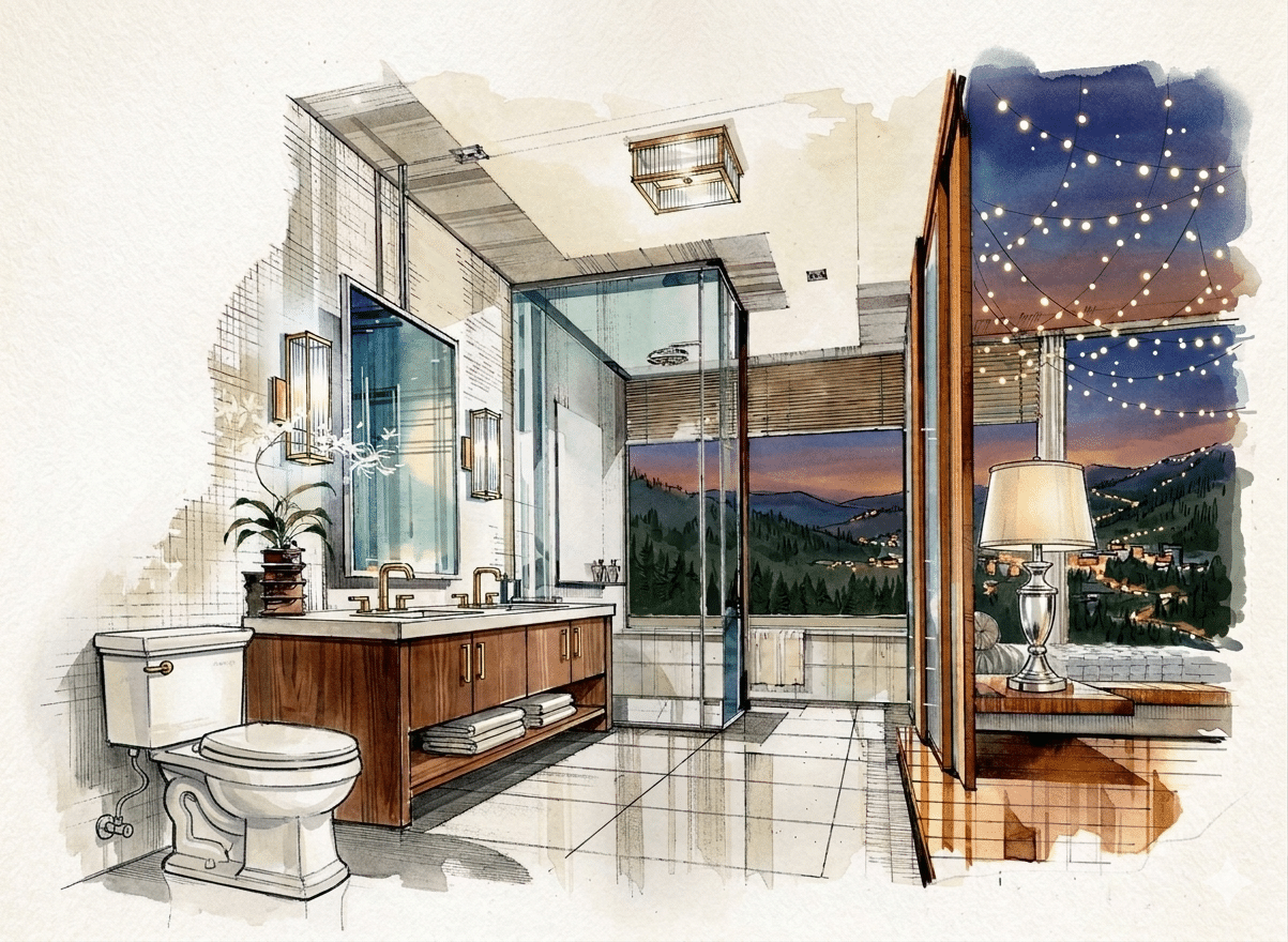 Modern bathroom with double sinks, glass shower, and large window overlooking mountains at sunset.