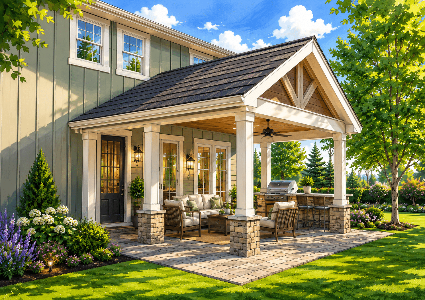 A cozy backyard patio with outdoor seating, grill, and lush landscaping beside a two-story house on a sunny day.
