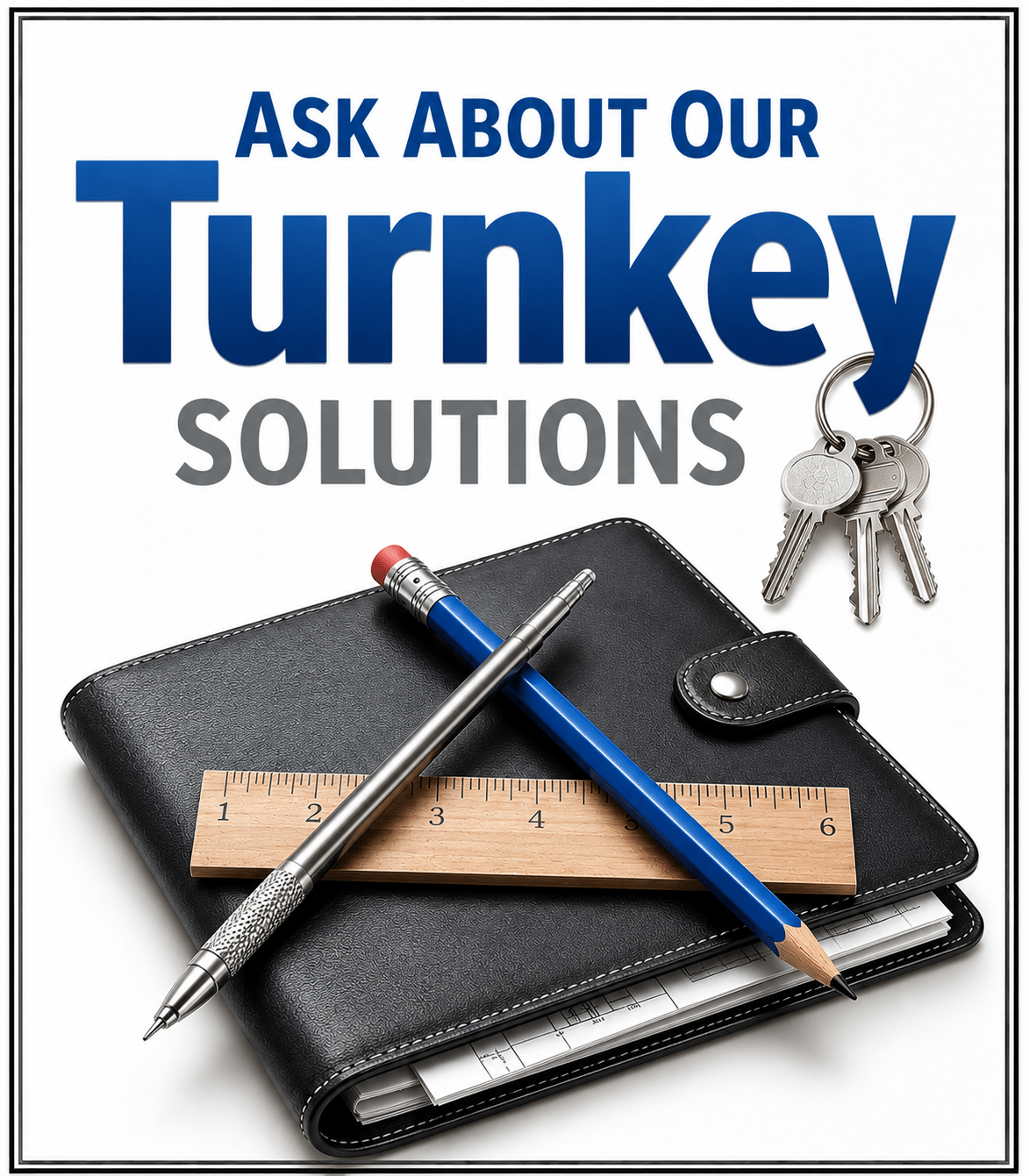 Notebook, ruler, pencil, pen, and keys with text: Ask About Our Turnkey Solutions above the items.
