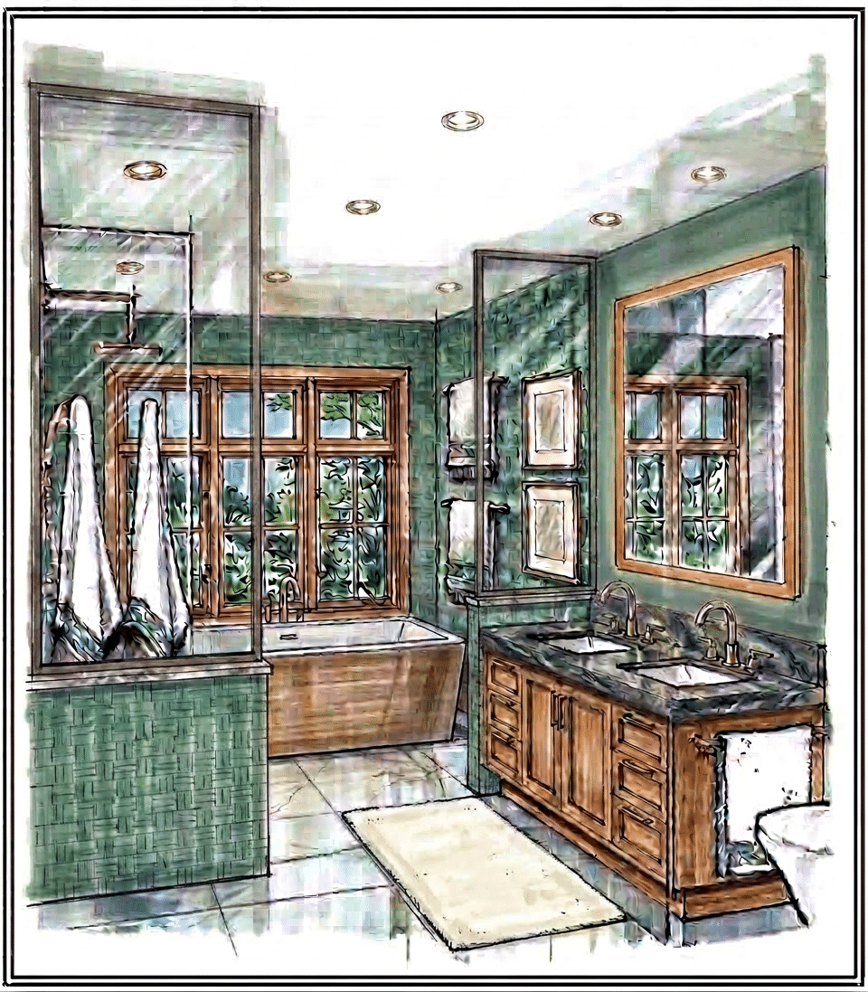 Artistic sketch of a modern bathroom with a tub, double sink vanity, and large window with greenery outside.