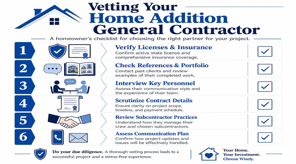 A six-step checklist for homeowners to vet and choose a reliable general contractor for home addition projects.