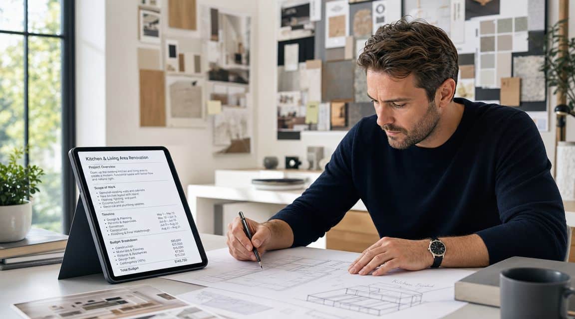 A professional interior designer reviews renovation plans and budget details on a tablet in his office.