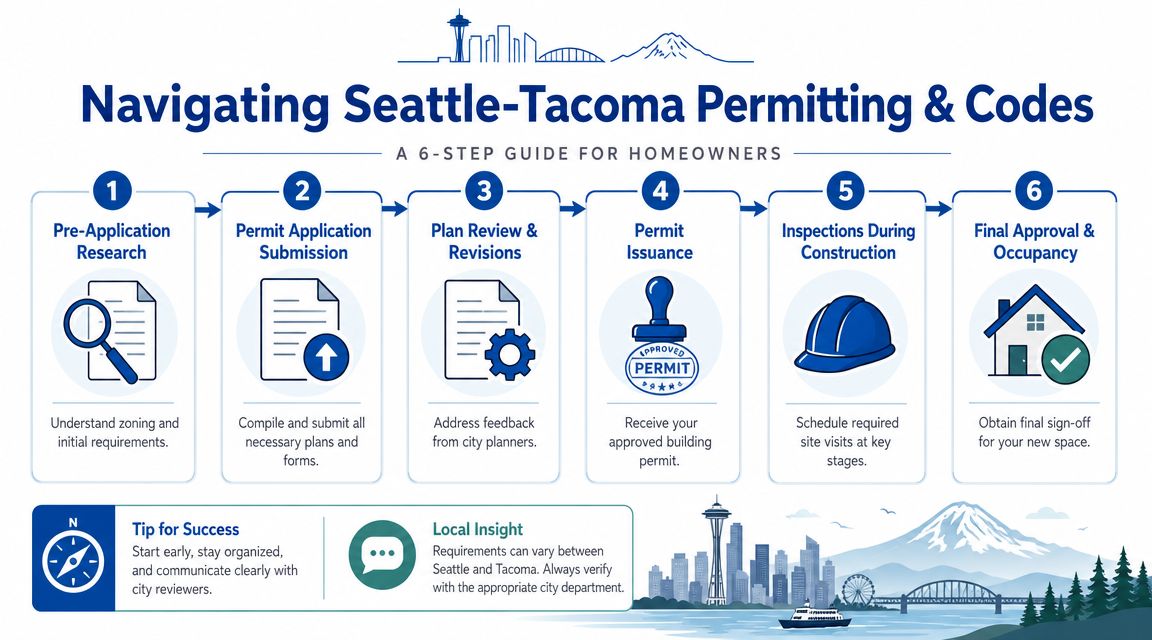 An infographic showing the 6-step permitting and codes process for homeowners in Seattle and Tacoma.