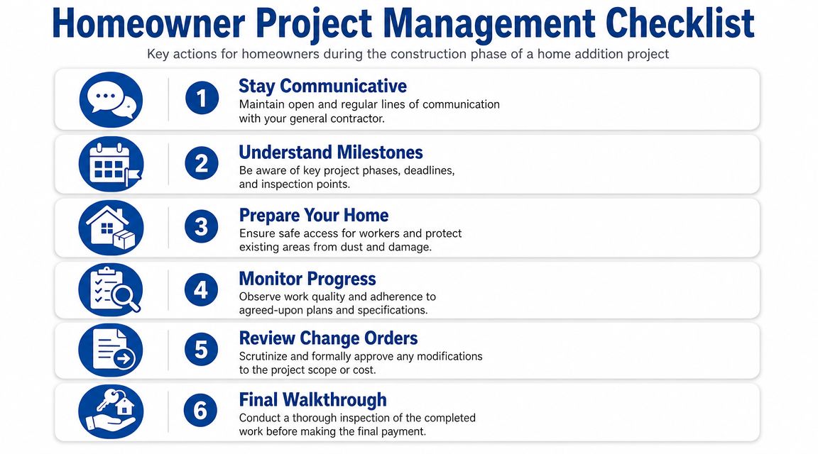 A checklist infographic providing six essential steps for homeowners managing a home addition construction project.