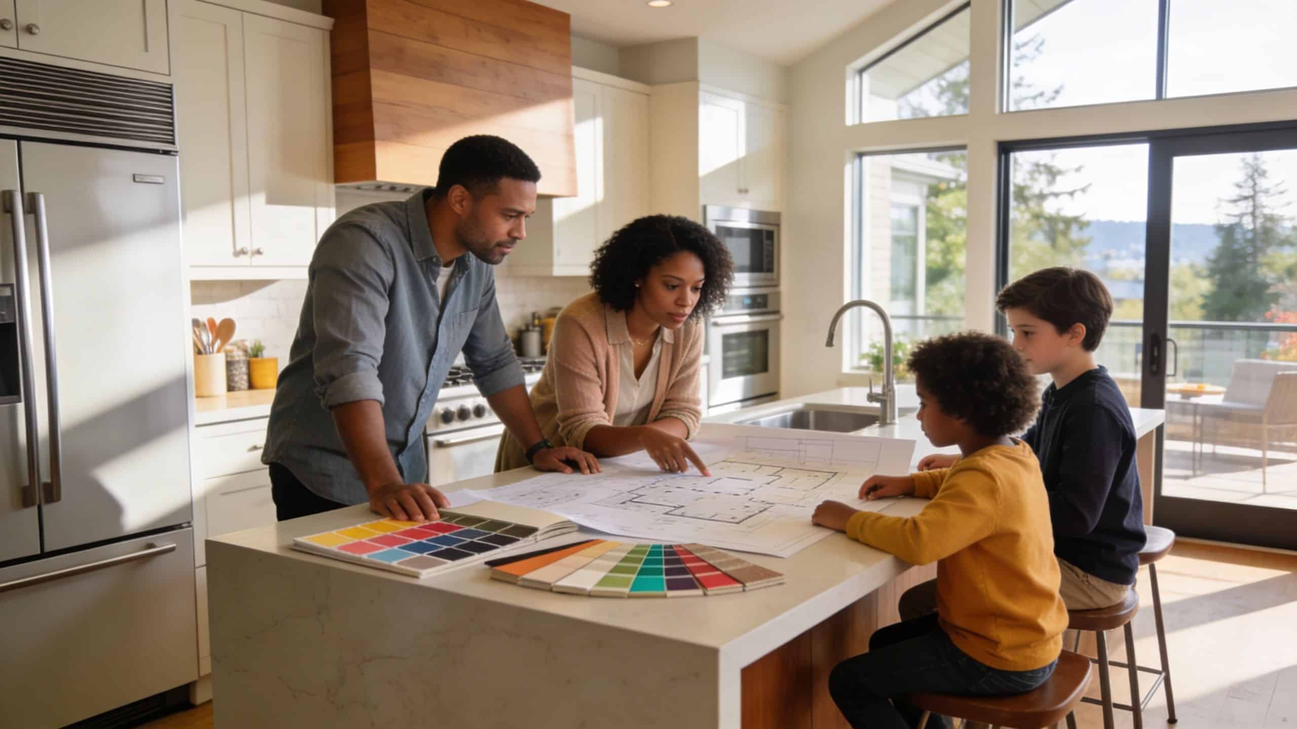 A family of four gathers around a kitchen island looking at home renovation blueprints and color swatches.