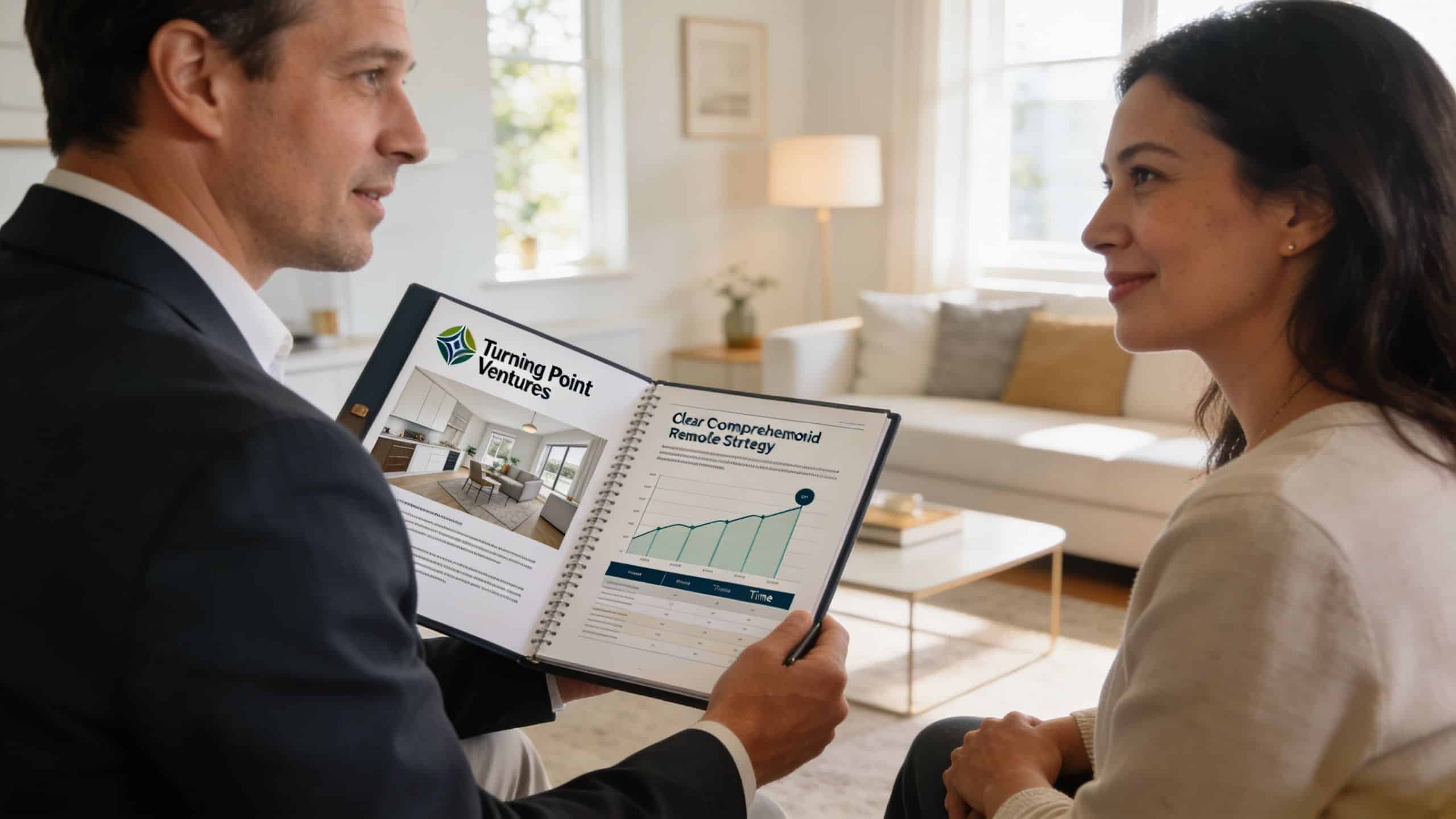 A professional financial advisor discusses a home renovation investment strategy using a presentation binder with a client.