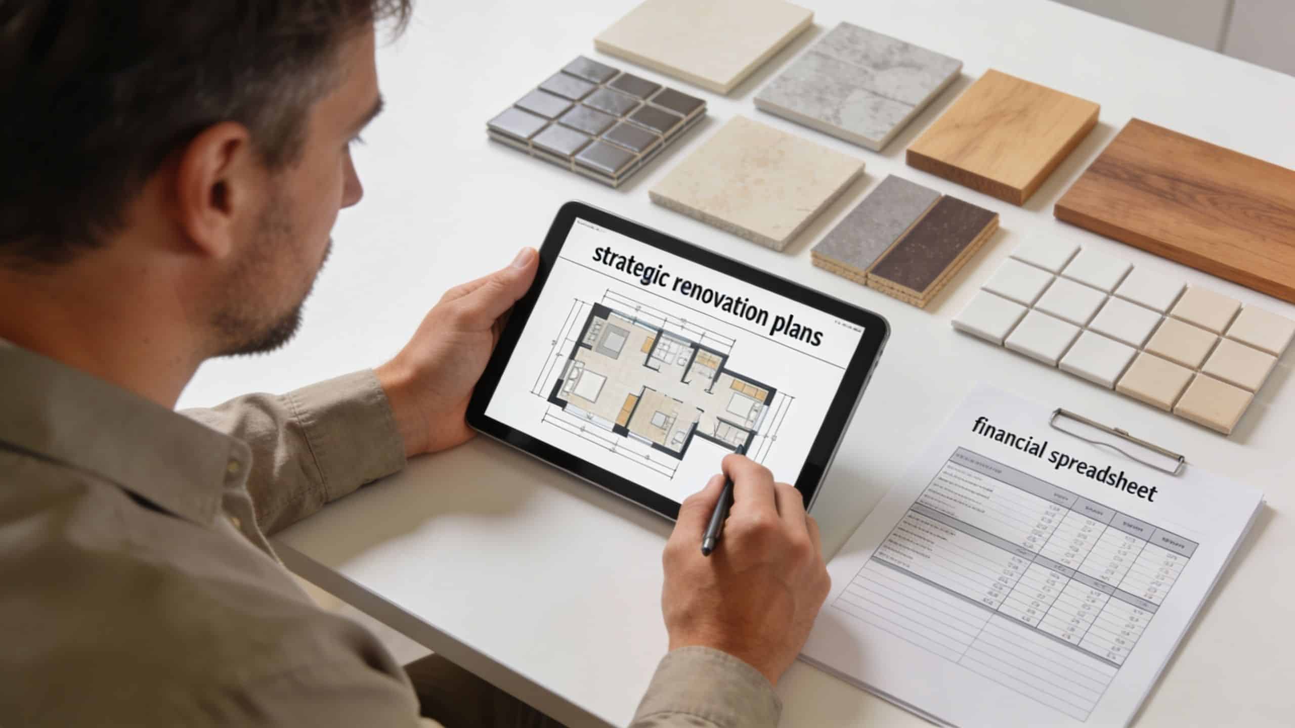 A professional analyzing home renovation floor plans on a digital tablet with financial documents and material samples.