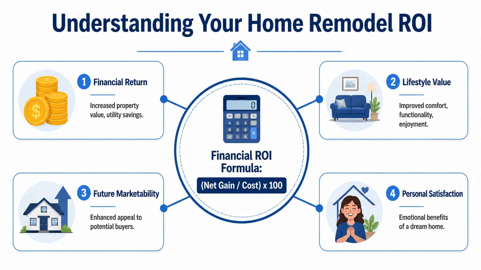 An infographic illustrating four key factors for calculating and understanding return on investment for home remodeling projects.