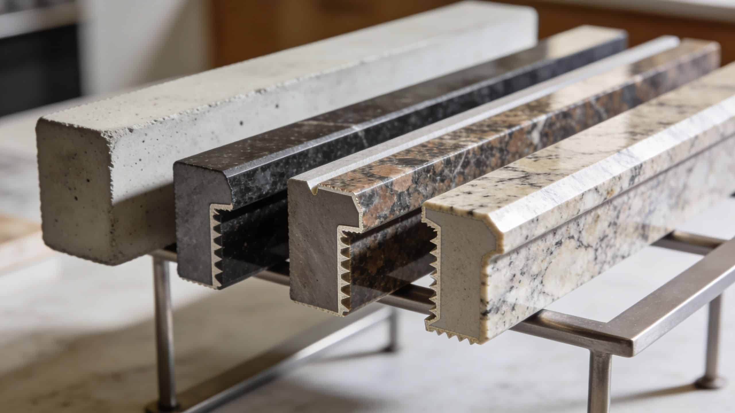 Several countertop samples showcasing different stone and material finishes displayed on a metal stand for interior design.