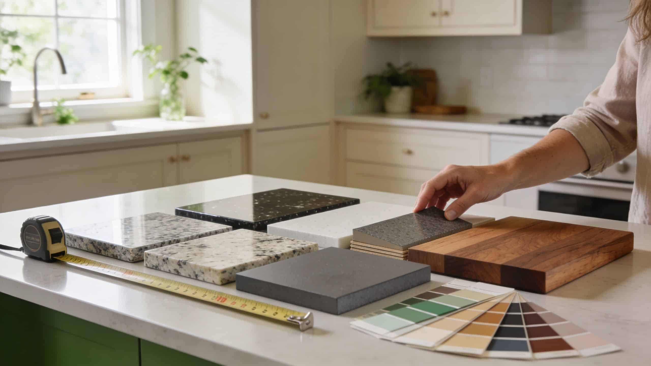 A person selects countertop samples on a kitchen island with paint swatches and a tape measure nearby.