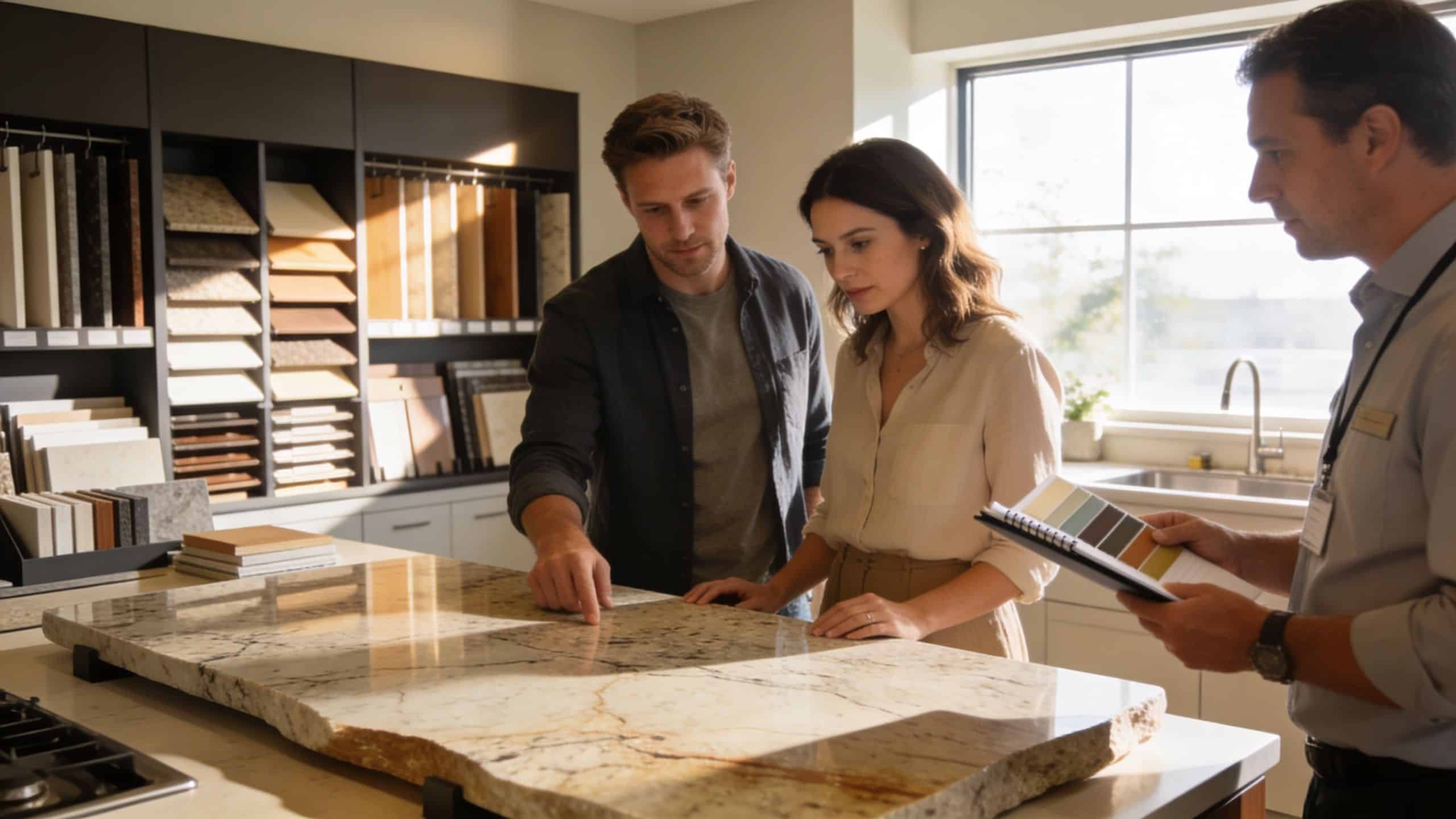 A couple discussing kitchen countertop options with a consultant in a home improvement design showroom.