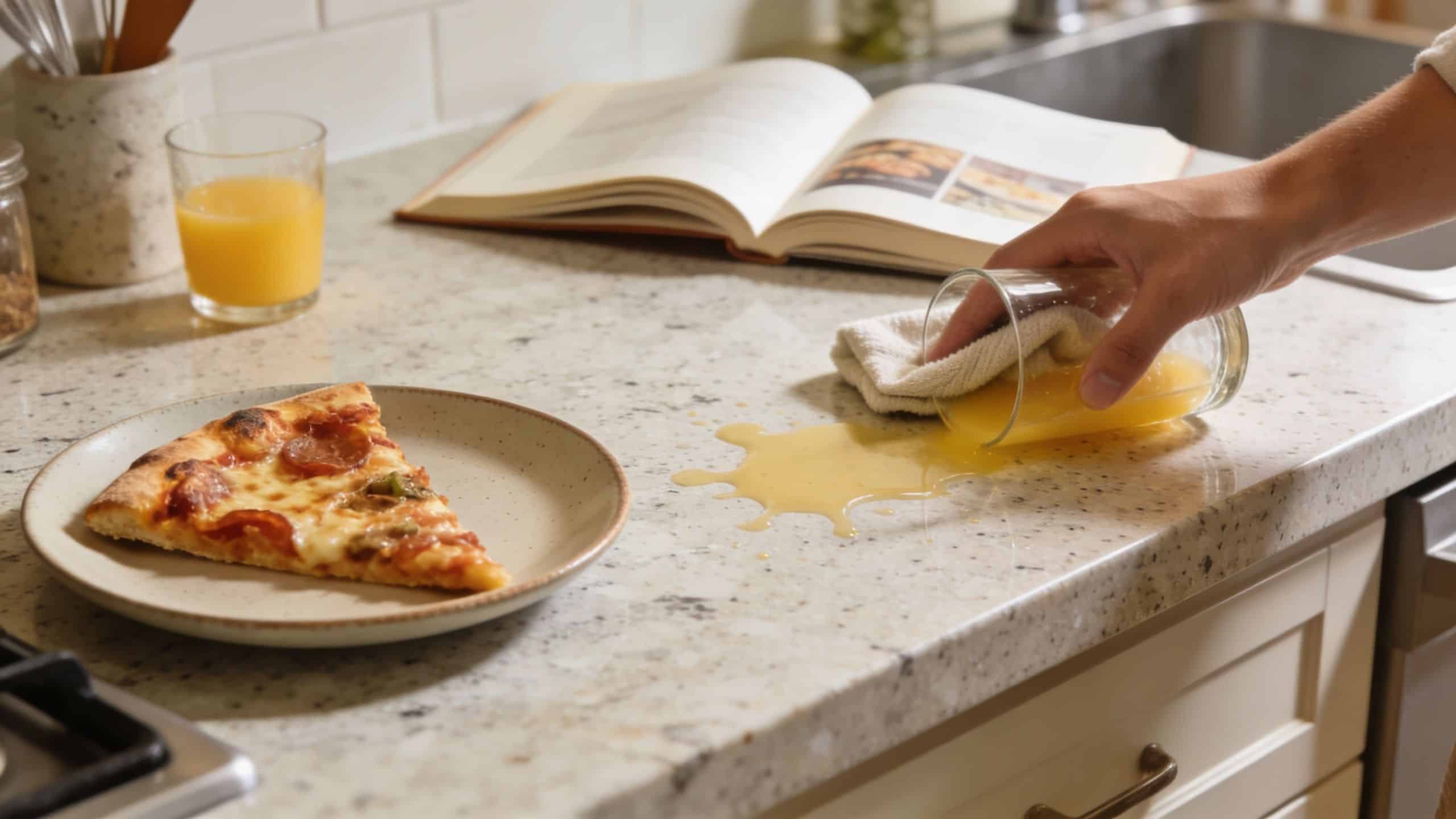 A person cleaning up spilled orange juice on a speckled kitchen countertop next to a pizza slice.