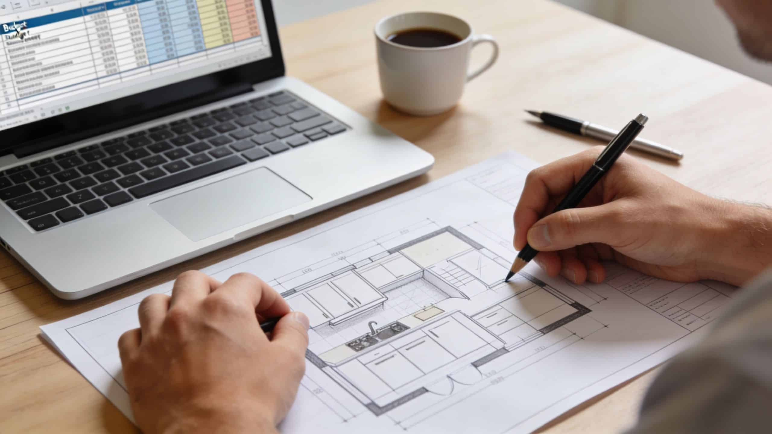 A person drawing kitchen floor plans on paper next to a laptop with an open budget spreadsheet.