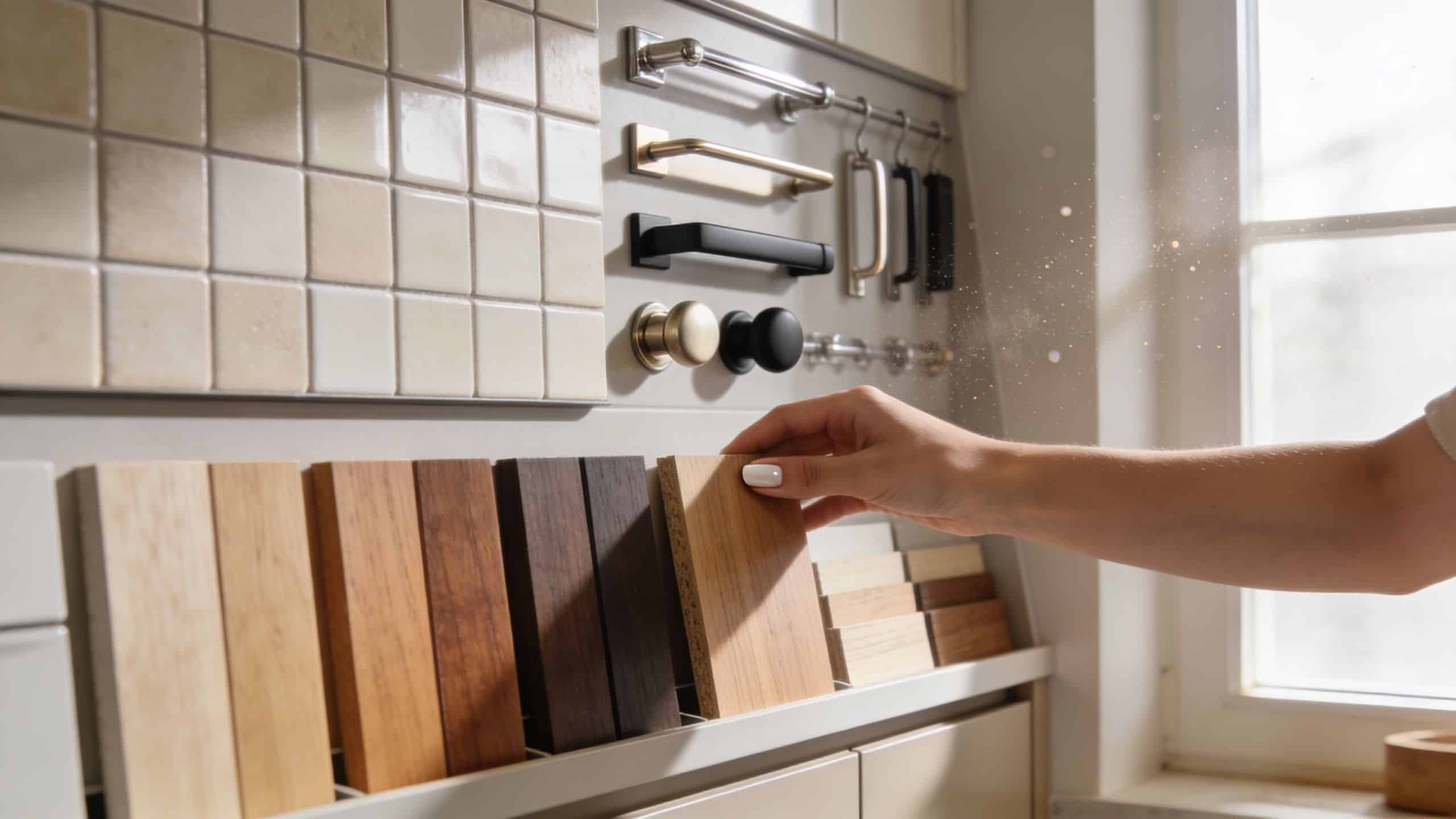 A person selecting a wooden cabinet sample among various material swatches in a home design store.