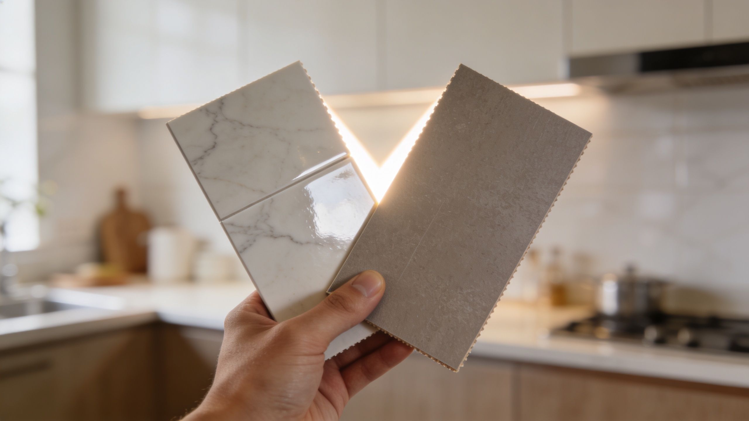 A hand holding two kitchen tile samples, one white marble and one grey, in front of a kitchen.