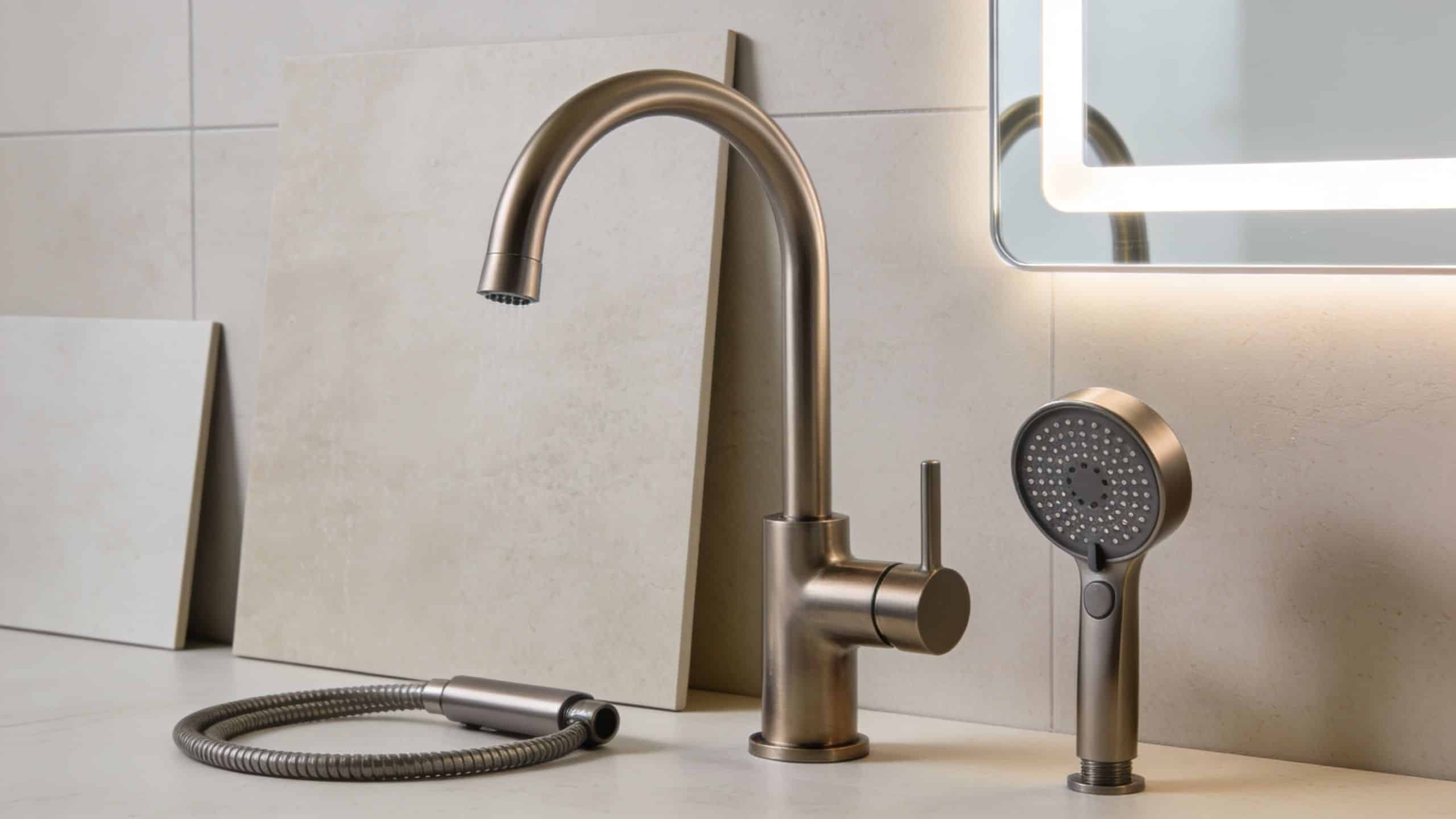 A modern bronze-colored bathroom faucet with an attachable hand shower hose set on a light marble surface.