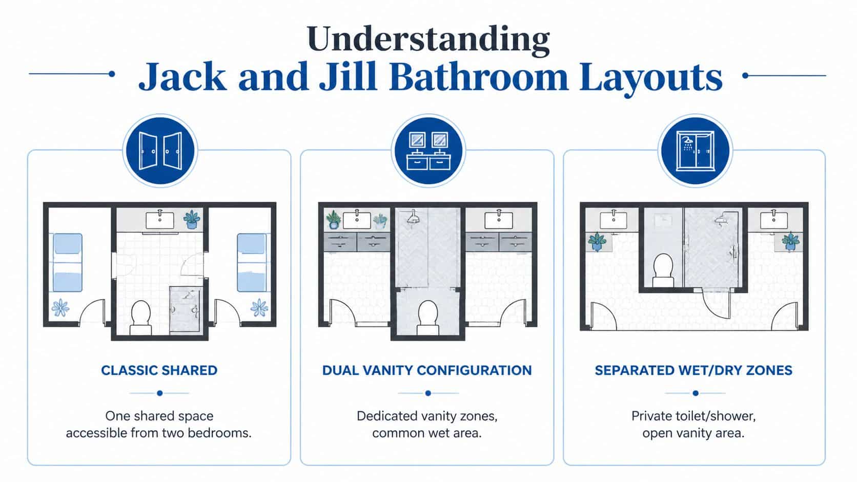 An infographic showing three different layout options for a Jack and Jill bathroom design.