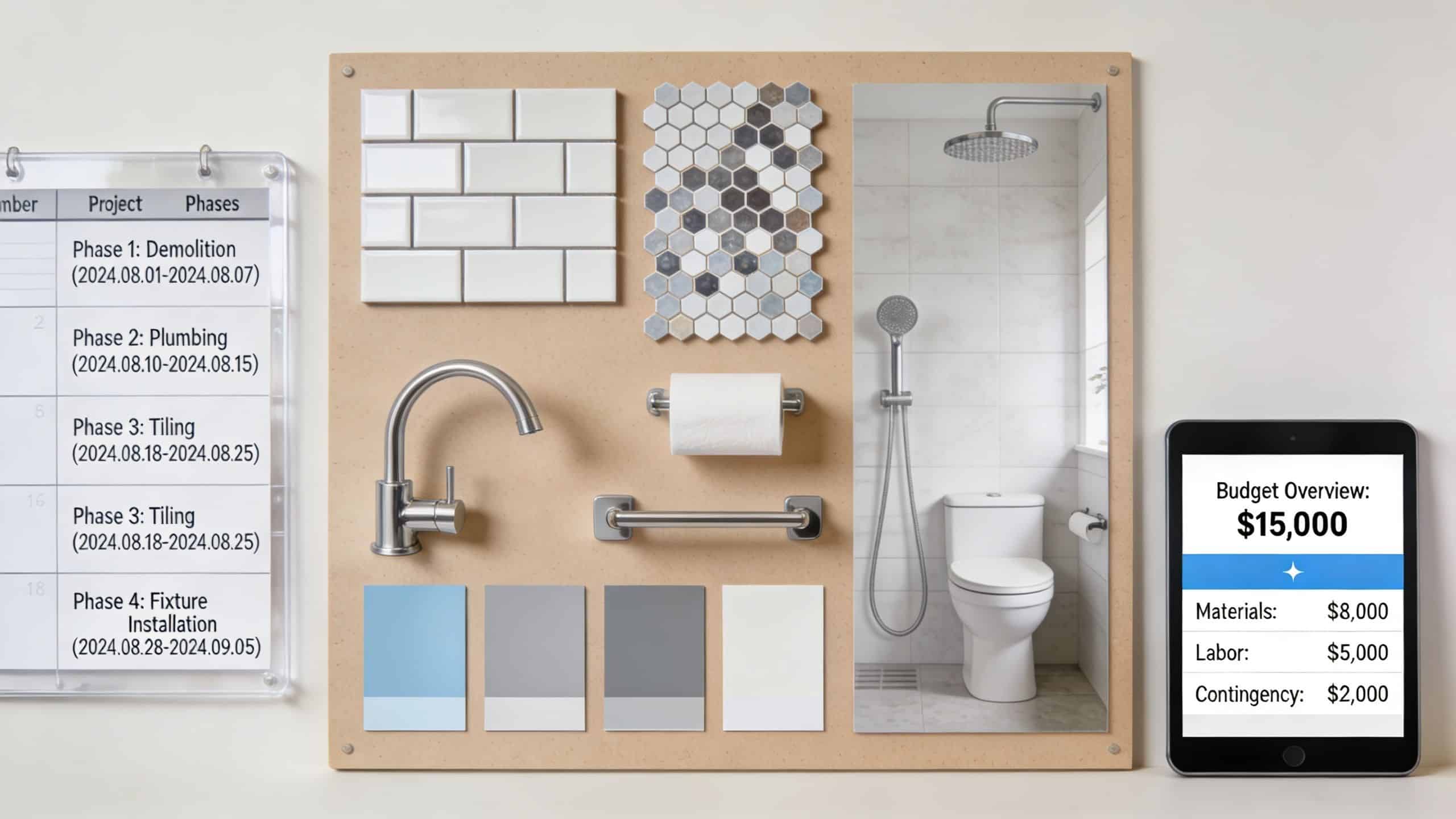 A bathroom renovation mood board featuring tile samples, fixture options, a project timeline, and a budget tablet.