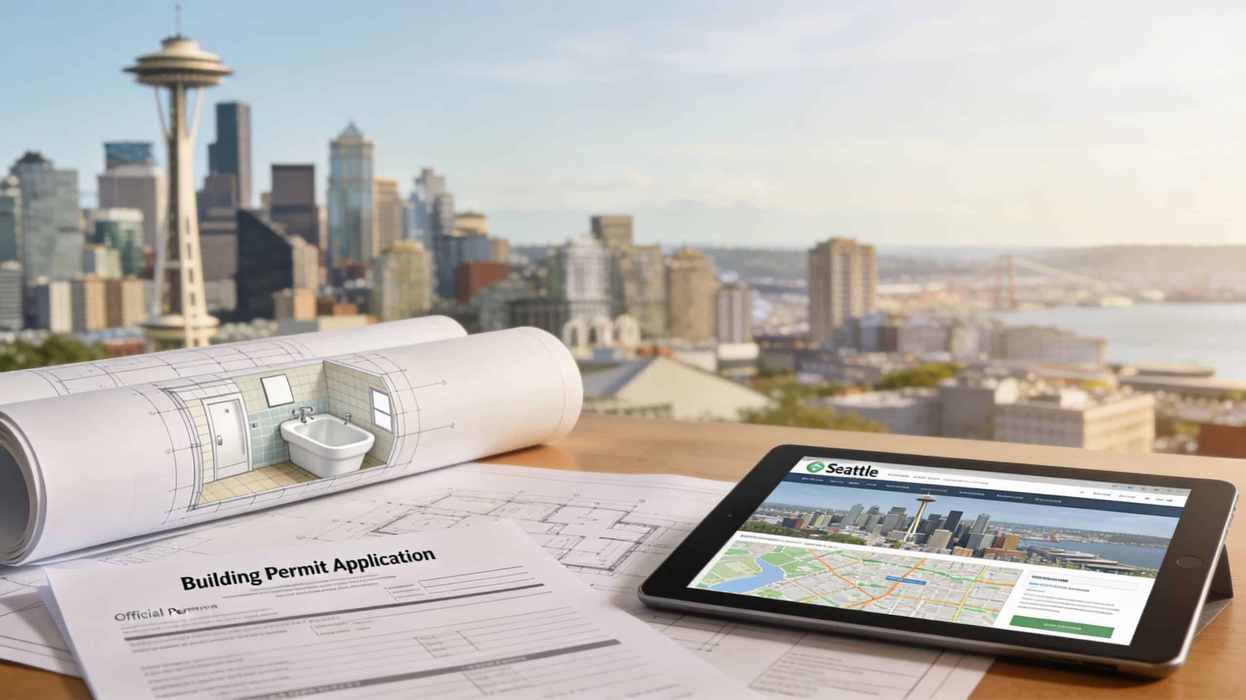 A building permit application and construction plans featuring a bathroom design sit before a tablet showing Seattle maps.