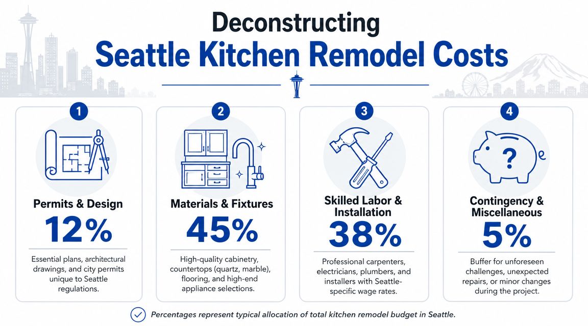 An infographic showing the breakdown of typical kitchen remodel costs in Seattle as a percentage.