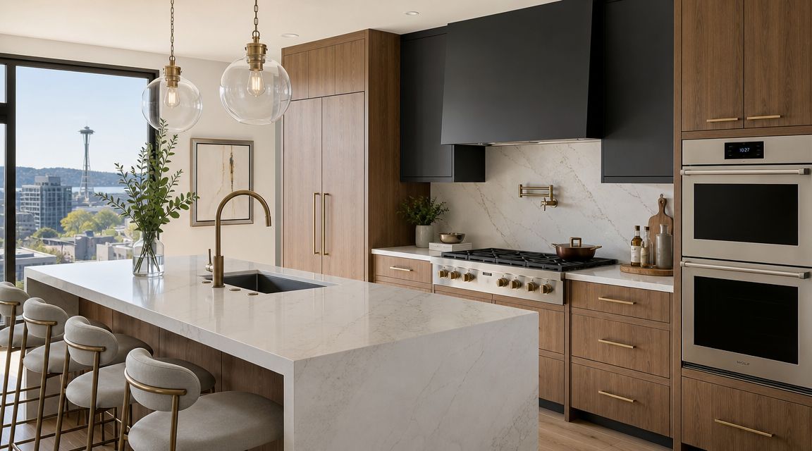 A luxurious modern kitchen with wood cabinets, marble countertops, and a view of the Seattle Space Needle.