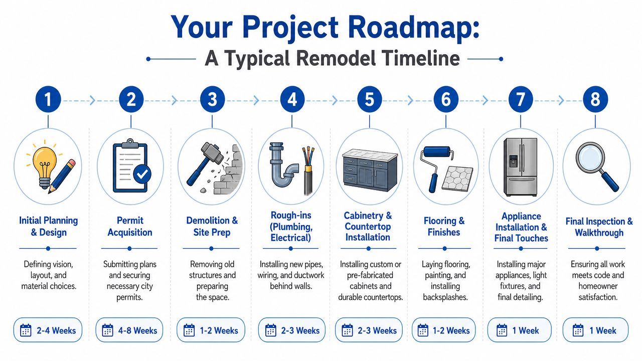 A project roadmap infographic showing the eight typical stages of a home or kitchen remodel.