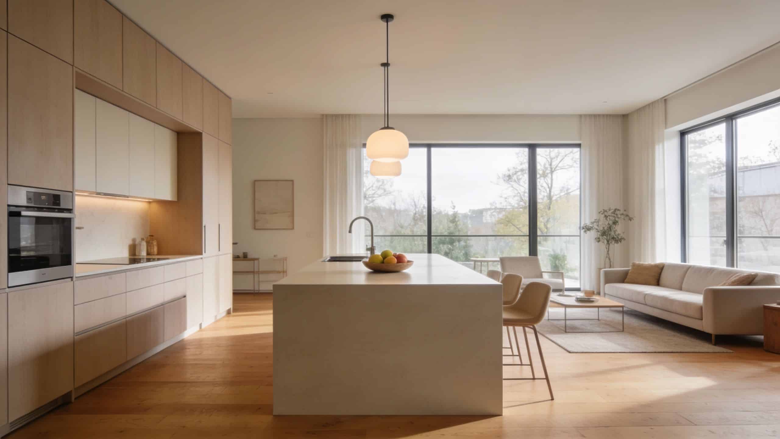 A modern minimalist kitchen with light wood cabinetry, a large stone island, and an open living room space.
