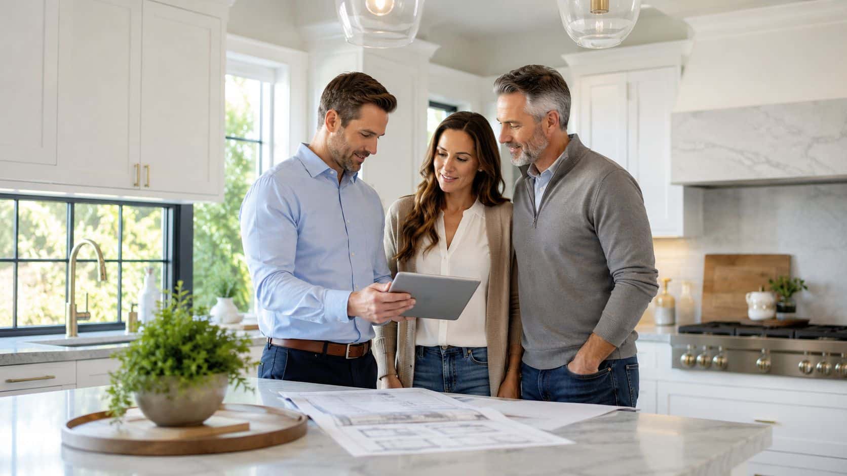 A professional interior designer shows a couple renovation plans on a tablet in their modern white kitchen.