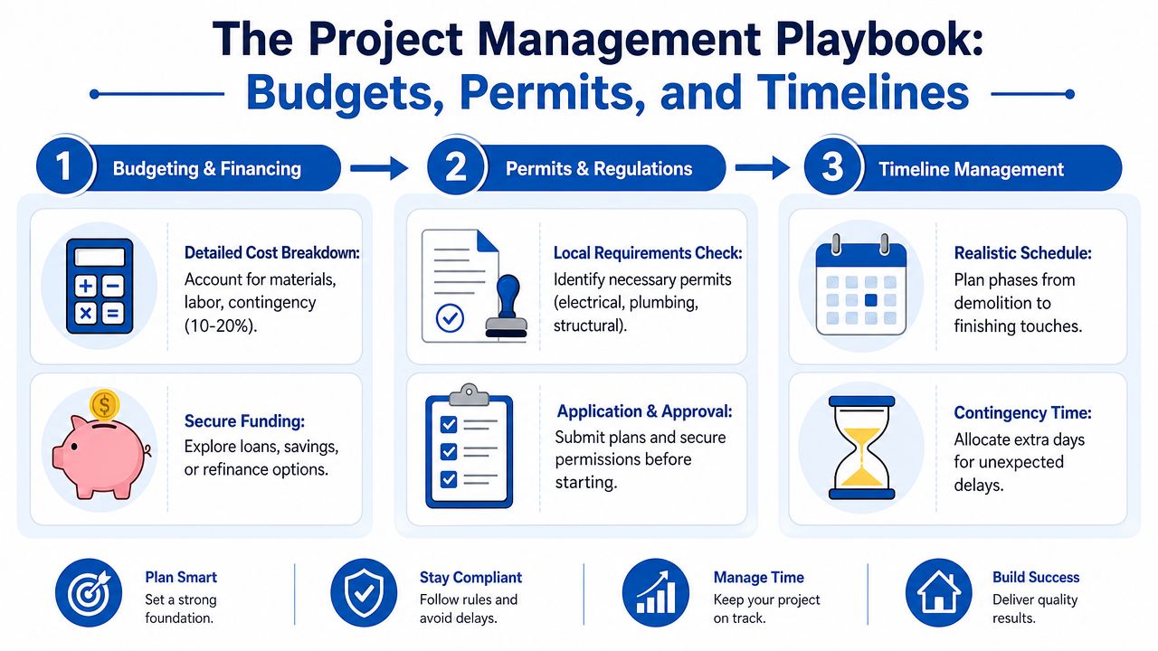 An infographic detailing project management steps including budgeting, obtaining permits, and creating realistic project timelines.
