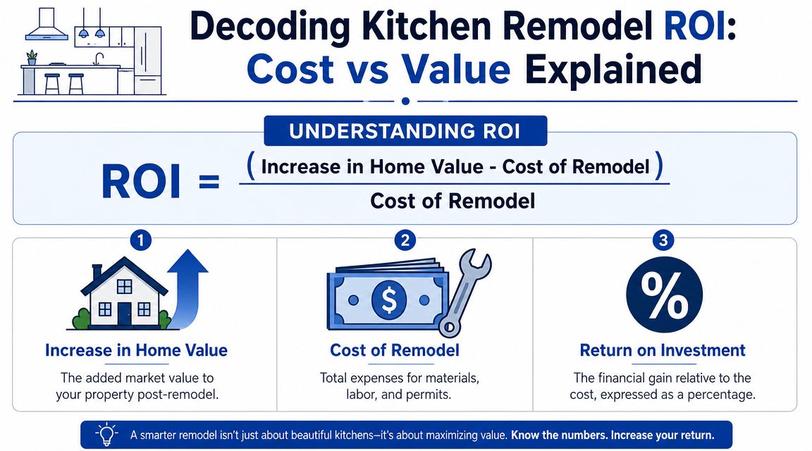 An infographic explaining how to calculate the return on investment for a kitchen remodeling project.