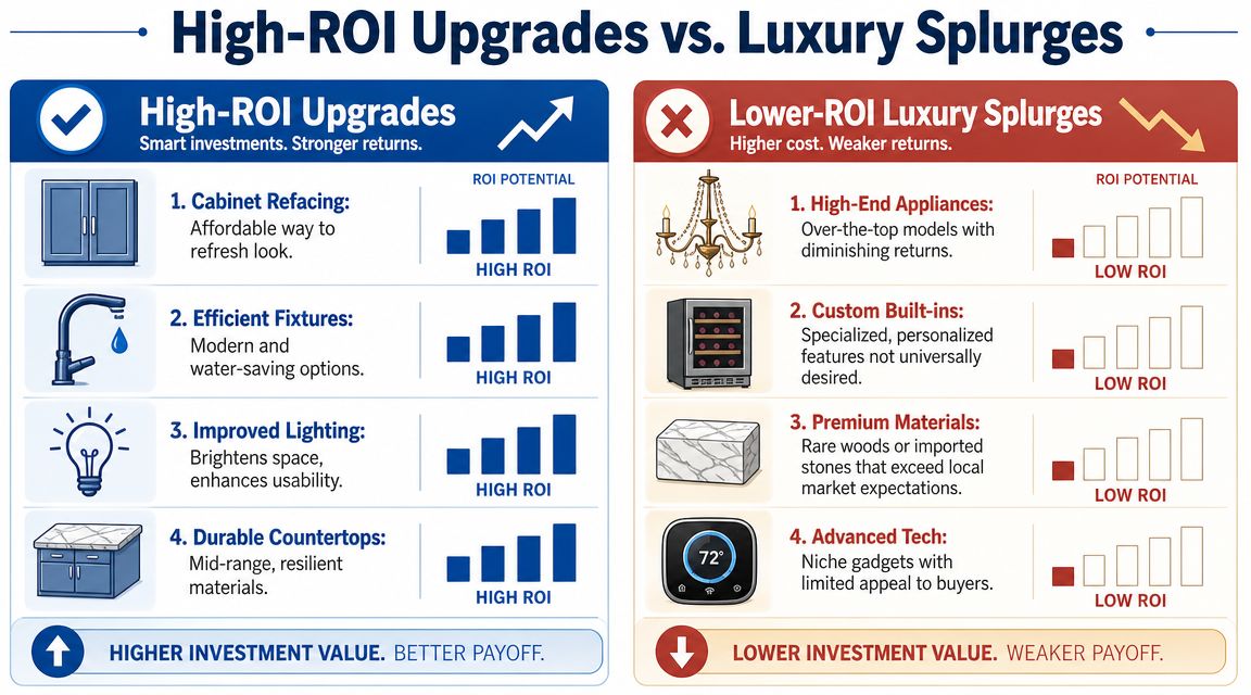 A comparison chart showing high-ROI home renovation upgrades versus lower-ROI luxury splurge projects for kitchen remodeling.