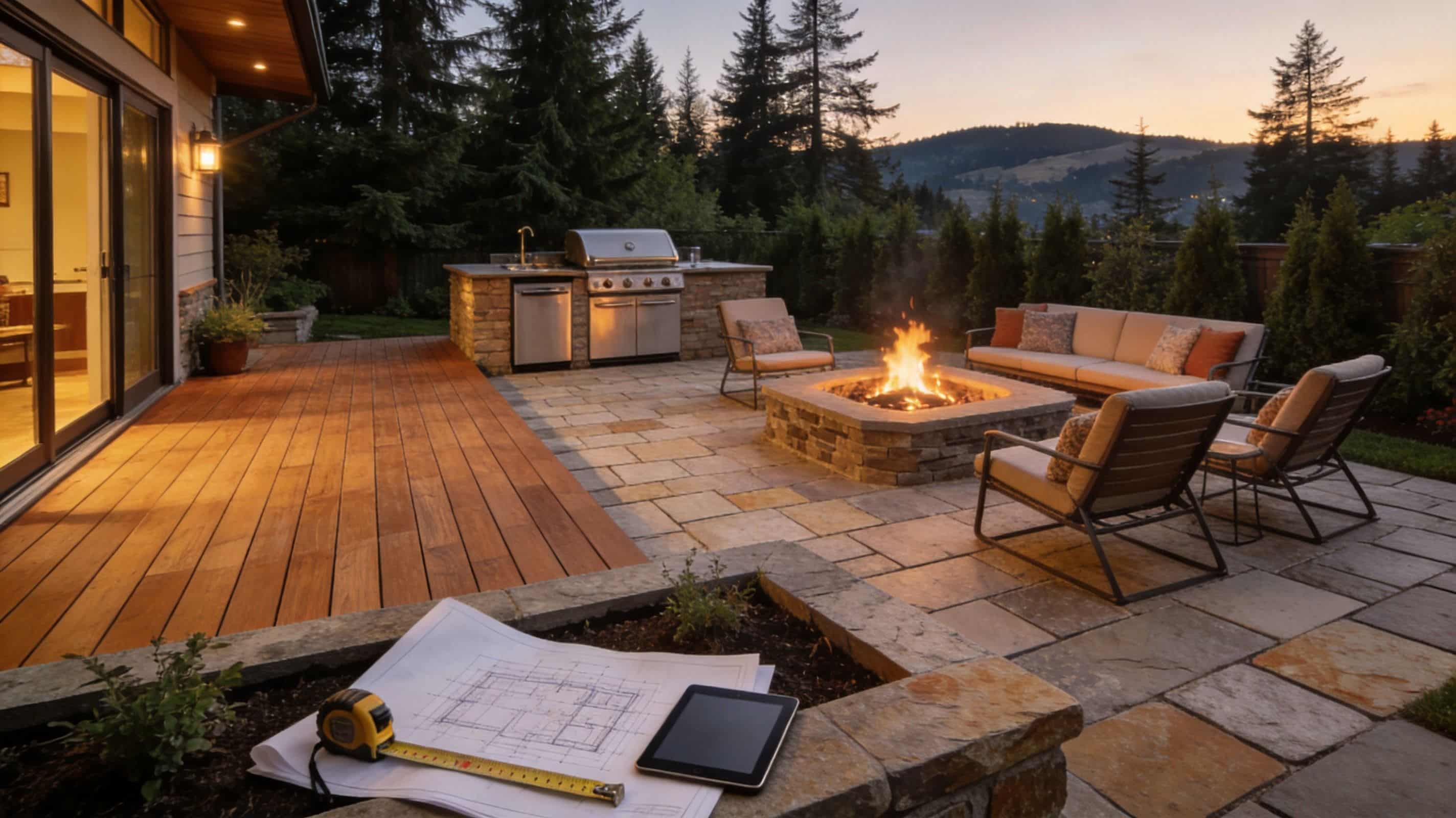 A patio with a fire pit, outdoor seating, grill, and plans on a table at sunset, surrounded by trees.