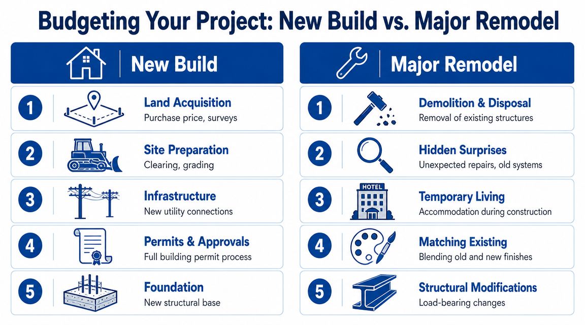 A comparison chart outlining budgeting factors for new home builds versus major renovation projects.