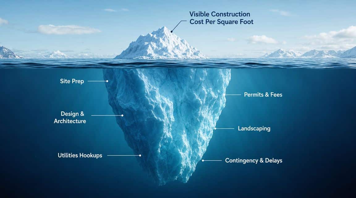 An iceberg illustration representing hidden costs beneath the visible residential construction cost per square foot.