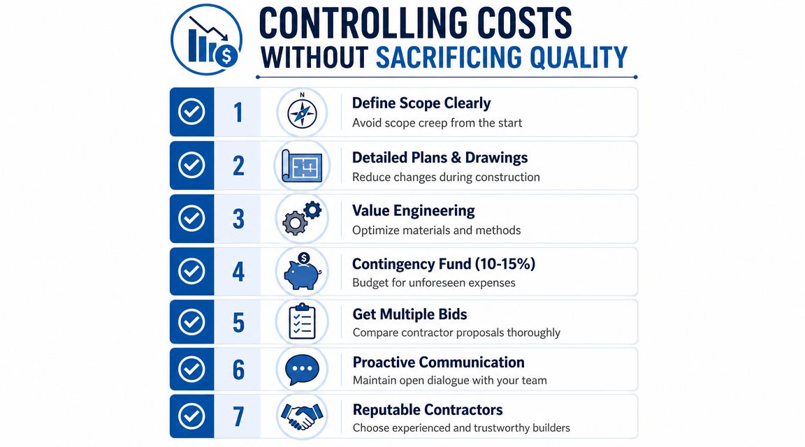 An infographic titled Controlling Costs Without Sacrificing Quality, outlining seven key strategies for effective construction project budget management.
