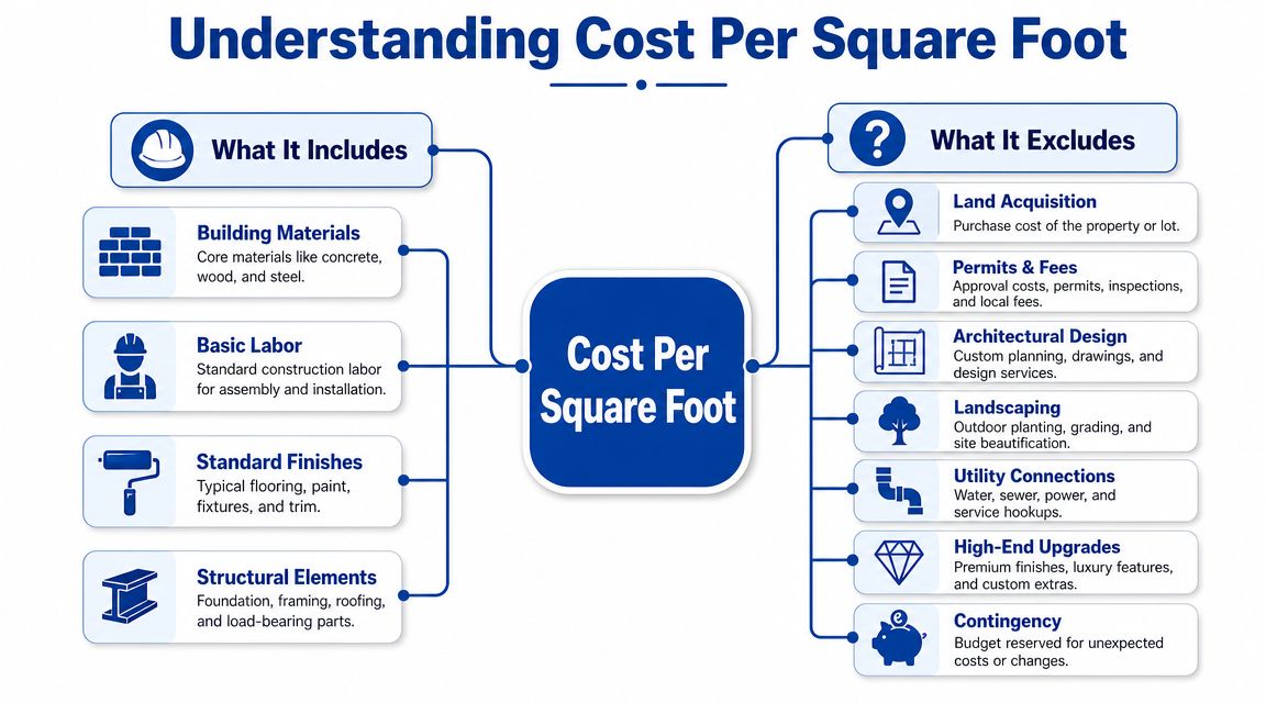 A flowchart explaining what construction cost per square foot includes and excludes for residential building projects.
