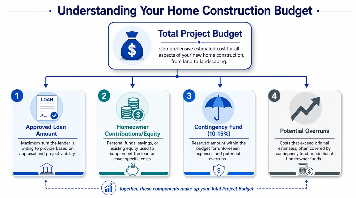 An infographic diagram explaining the four key components of a home construction budget for new homeowners.