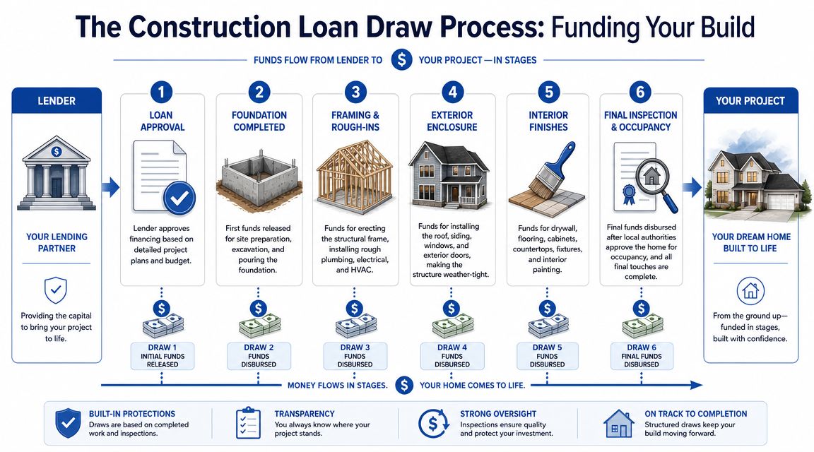 A visual flow chart explaining the six-stage construction loan draw process from lender approval to home completion.