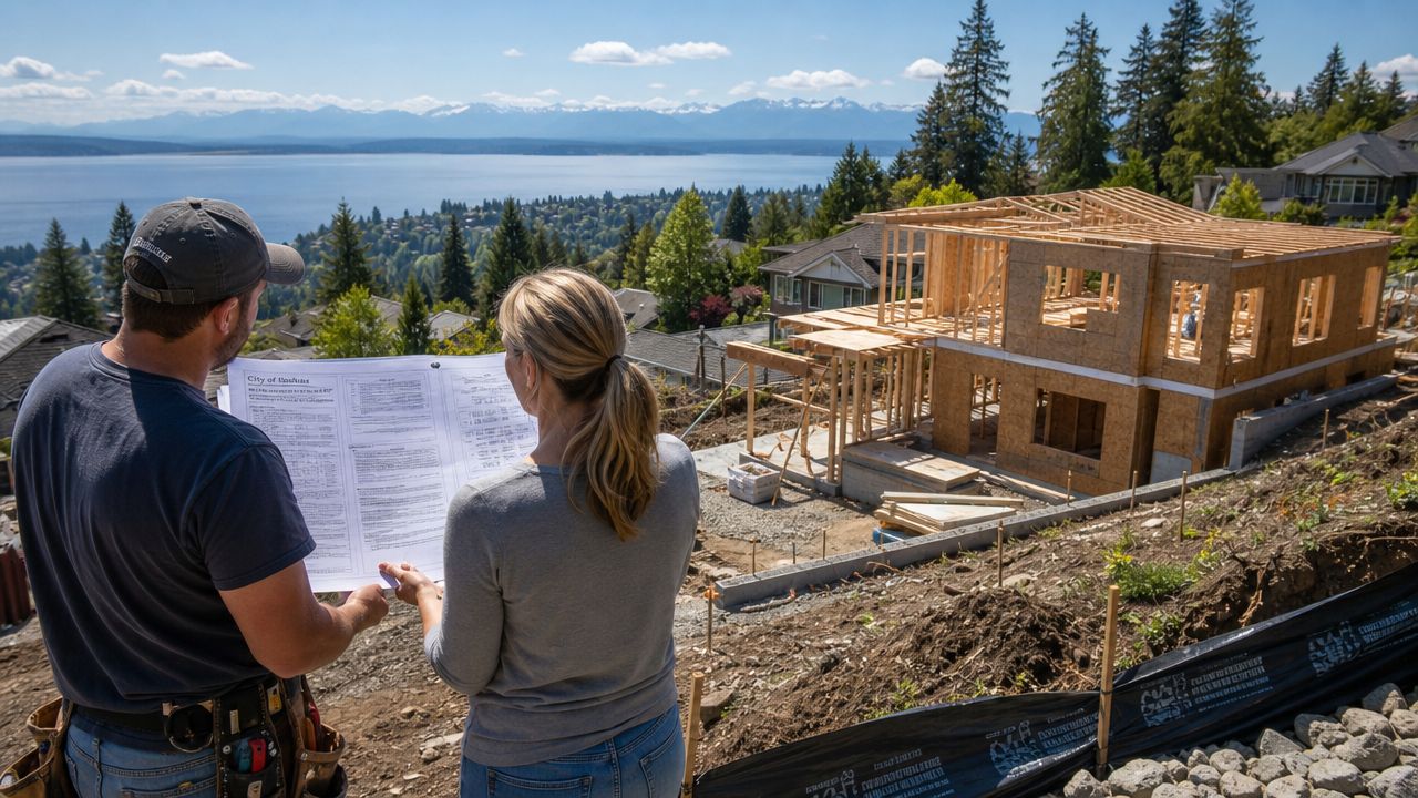 A man and woman reviewing blueprints at a scenic residential construction site overlooking a lake and mountains.