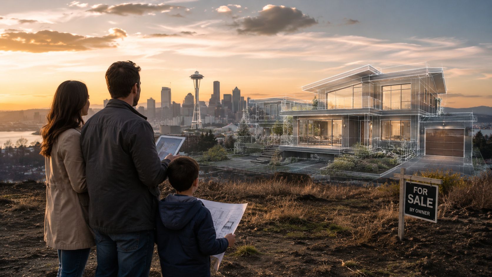 A family looking at a digital hologram of a future home with the Seattle skyline background.