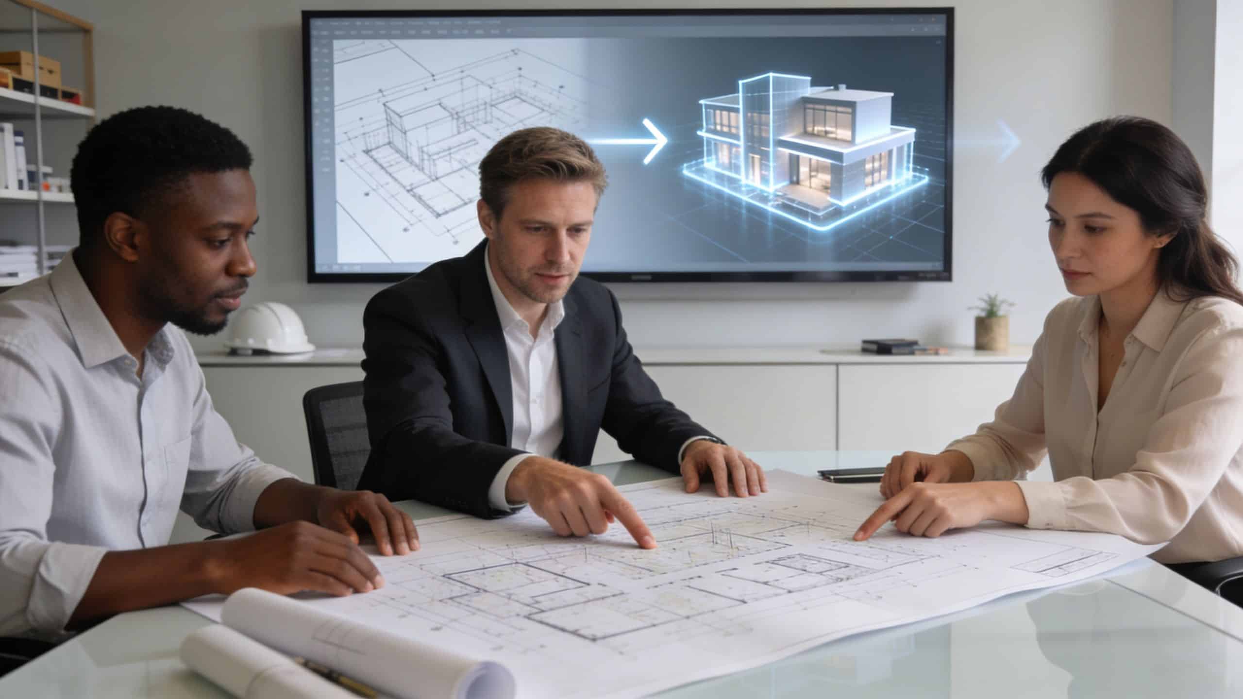 A diverse group of architects and engineers discussing building blueprints at a modern office table.