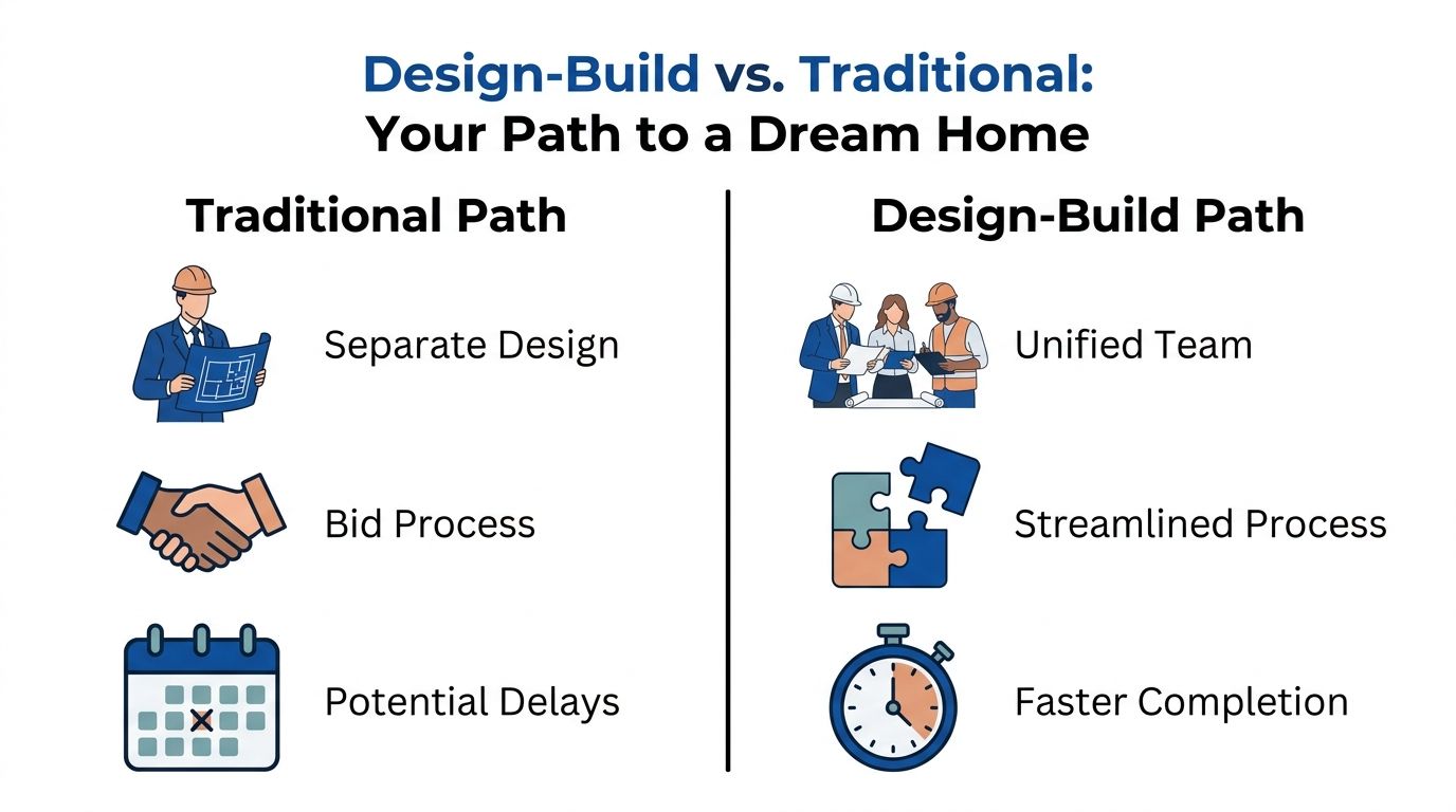 A comparison infographic showing the differences between traditional and design-build construction paths for building a home.